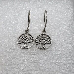 STERLING Silver Tree of Life Inside Circle Shepherds Hook Earrings 1.1”